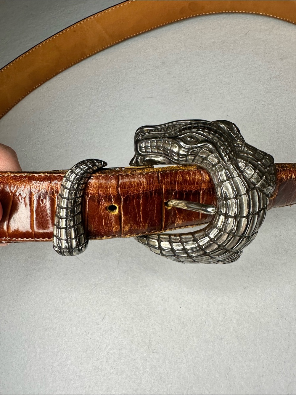 Onyx Alligator Alligator Head Buckle Brown Leather Belt